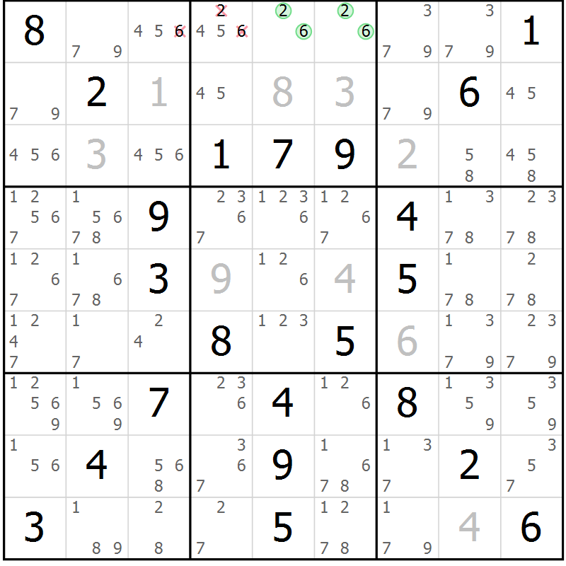 Position des candidats pour la solution de la Gr 64 page 67 du magazine de sudoku Virtuose n° 120