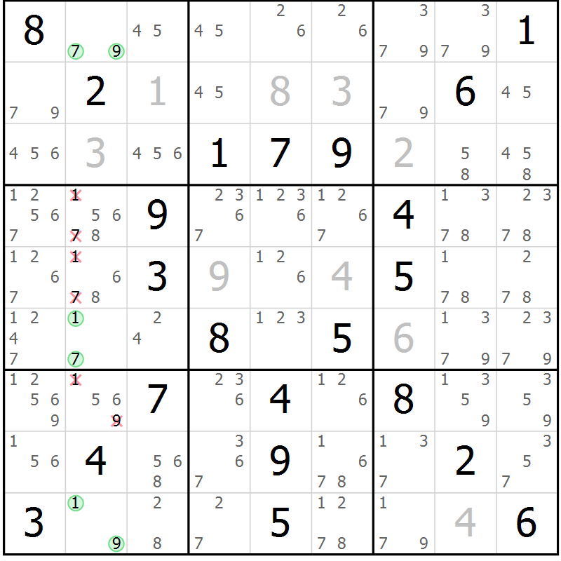 Position des candidats pour la solution de la Gr 64 page 67 du magazine de sudoku Virtuose n° 120