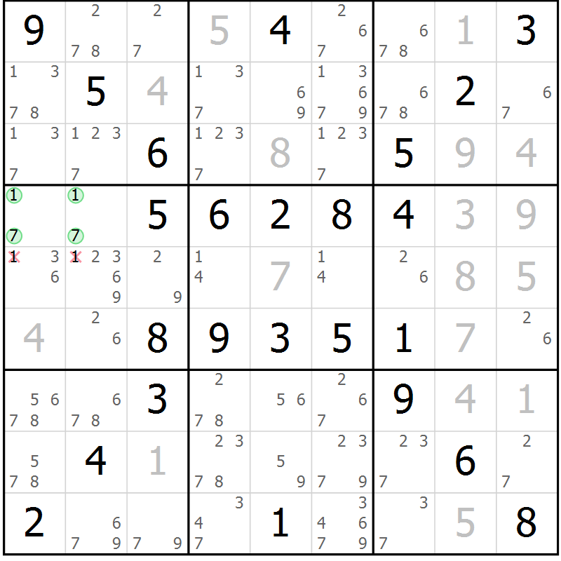 Position des candidats pour la solution de la Gr 65 page 68 du magazine de sudoku Virtuose n° 120