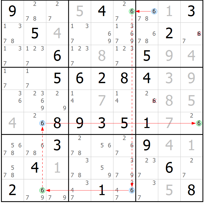 Position des candidats pour la solution de la Gr 65 page 68 du magazine de sudoku Virtuose n° 120