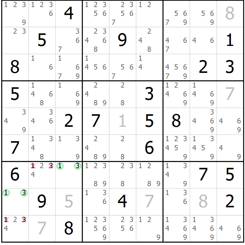 Position des candidats pour la solution de la Gr 7 page 10 du magazine de sudoku Virtuose n° 120