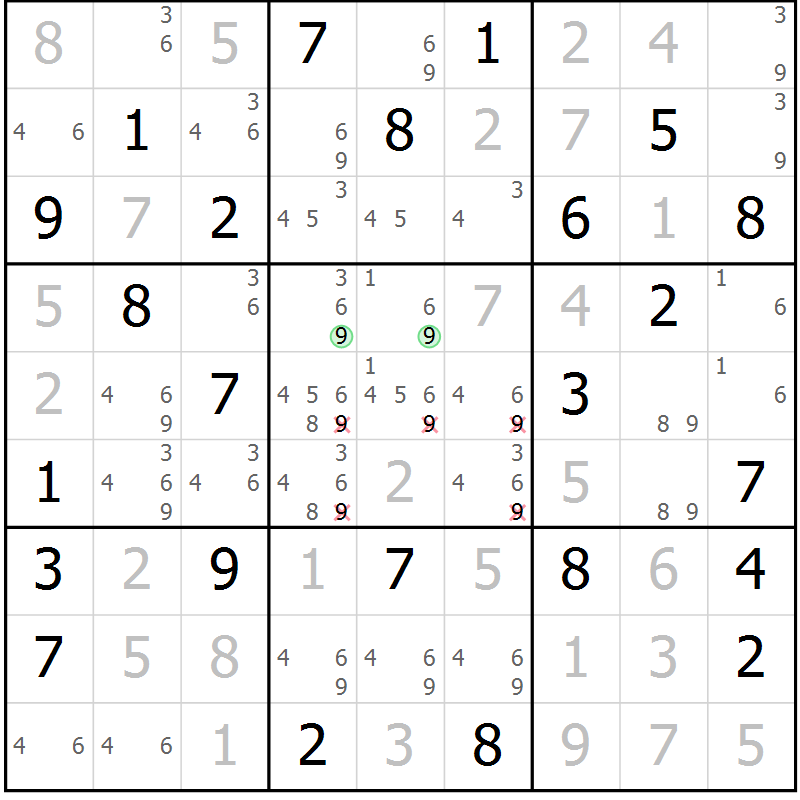 Position des candidats pour la solution de la Gr 71 page 74 du magazine de sudoku Virtuose n° 120