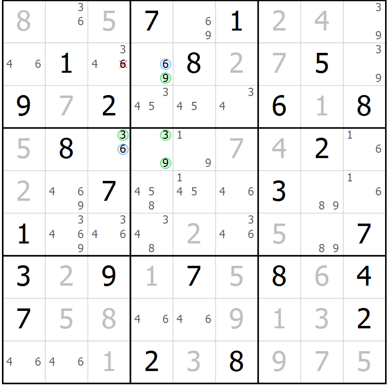 Position des candidats pour la solution de la Gr 71 page 74 du magazine de sudoku Virtuose n° 120