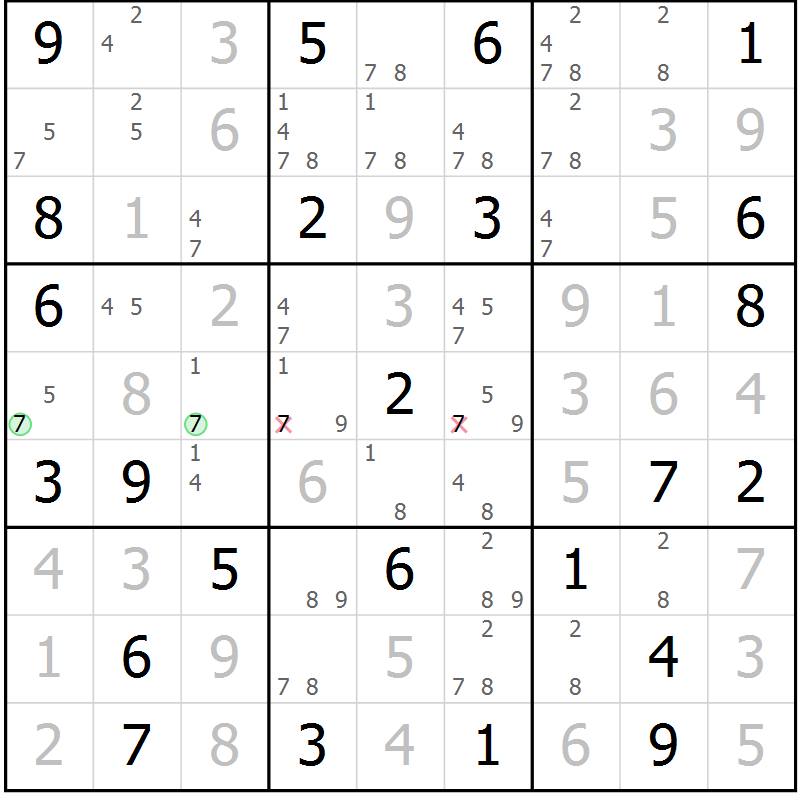 Position des candidats pour la solution de la Gr 72 page 75 du magazine de sudoku Virtuose n° 120