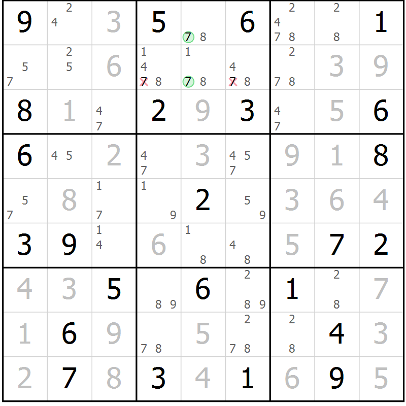 Position des candidats pour la solution de la Gr 72 page 75 du magazine de sudoku Virtuose n° 120