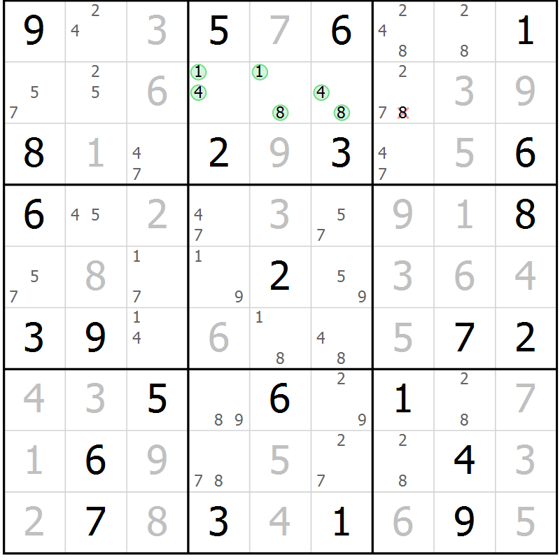 Position des candidats pour la solution de la Gr 72 page 75 du magazine de sudoku Virtuose n° 120