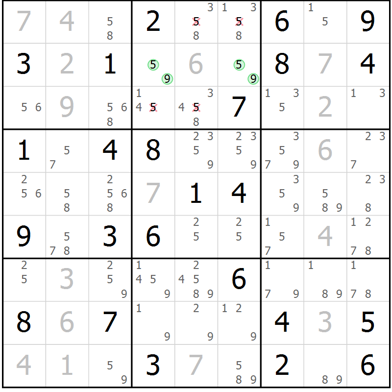 Position des candidats pour la solution de la Gr 73 page 76 du magazine de sudoku Virtuose n° 120