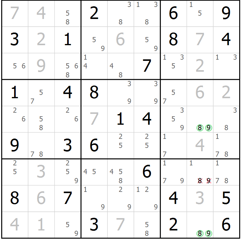 Position des candidats pour la solution de la Gr 73 page 76 du magazine de sudoku Virtuose n° 120