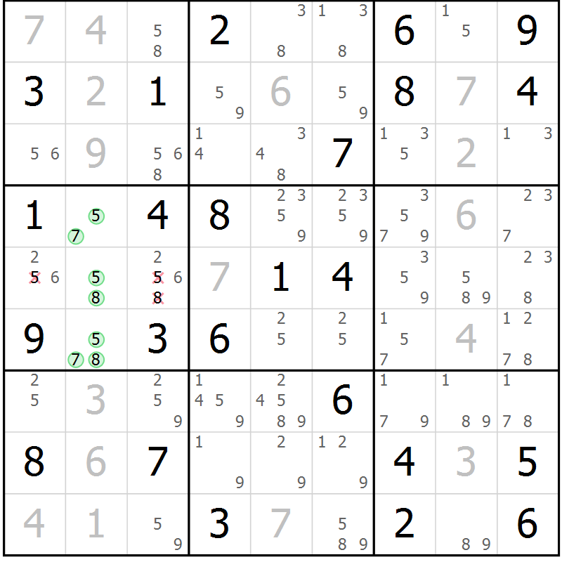 Position des candidats pour la solution de la Gr 73 page 76 du magazine de sudoku Virtuose n° 120