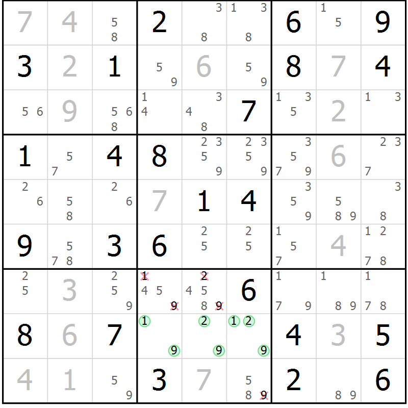 Position des candidats pour la solution de la Gr 73 page 76 du magazine de sudoku Virtuose n° 120
