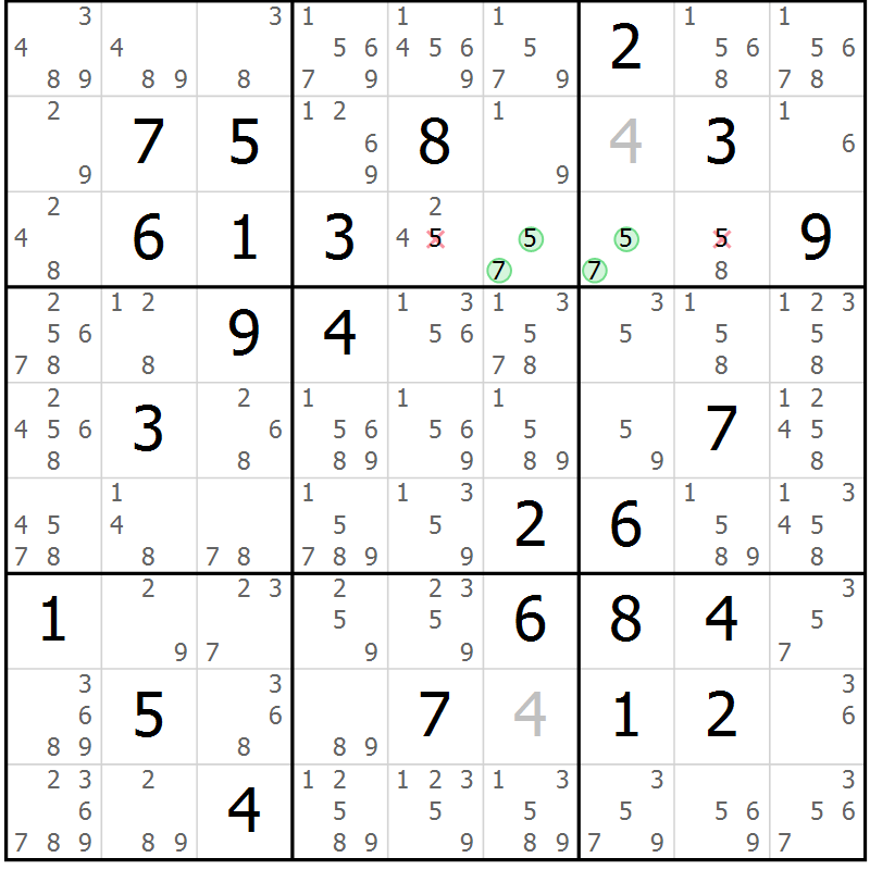 Position des candidats pour la solution de la Gr 74 page 77 du magazine de sudoku Virtuose n° 120