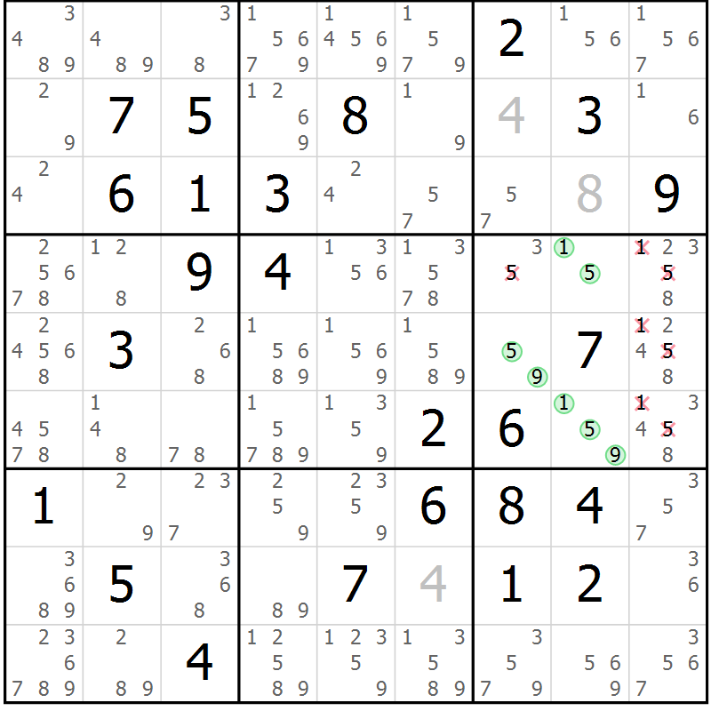 Position des candidats pour la solution de la Gr 74 page 77 du magazine de sudoku Virtuose n° 120