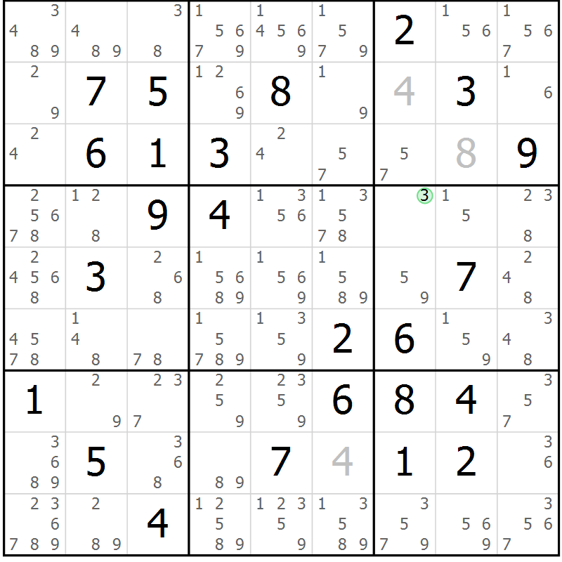 Position des candidats pour la solution de la Gr 74 page 77 du magazine de sudoku Virtuose n° 120