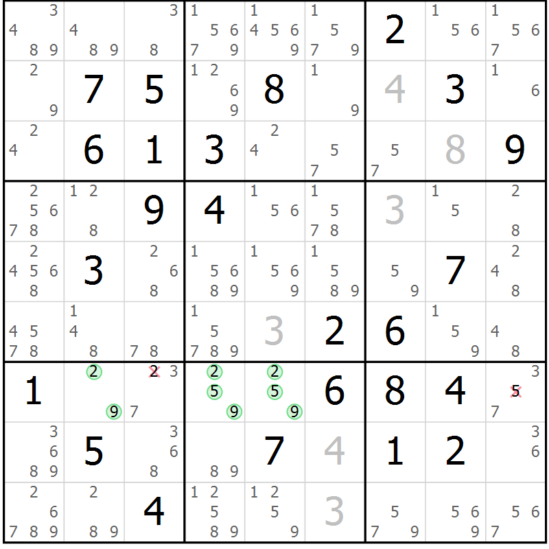 Position des candidats pour la solution de la Gr 74 page 77 du magazine de sudoku Virtuose n° 120