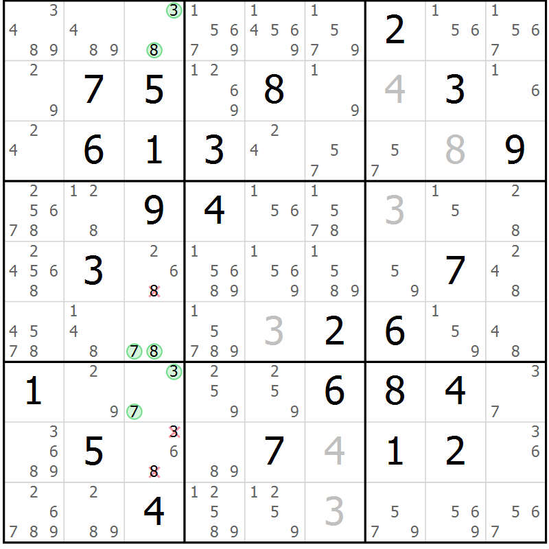 Position des candidats pour la solution de la Gr 74 page 77 du magazine de sudoku Virtuose n° 120