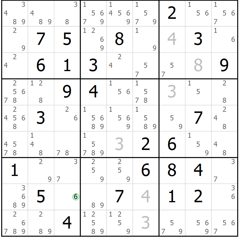 Position des candidats pour la solution de la Gr 74 page 77 du magazine de sudoku Virtuose n° 120