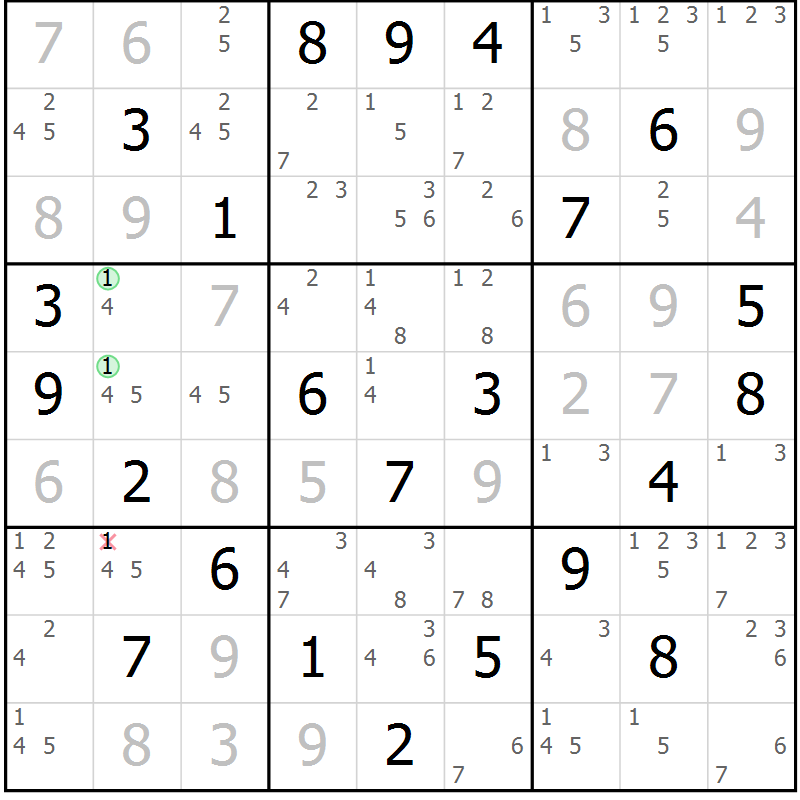Position des candidats pour la solution de la Gr 75 page 78 du magazine de sudoku Virtuose n° 120