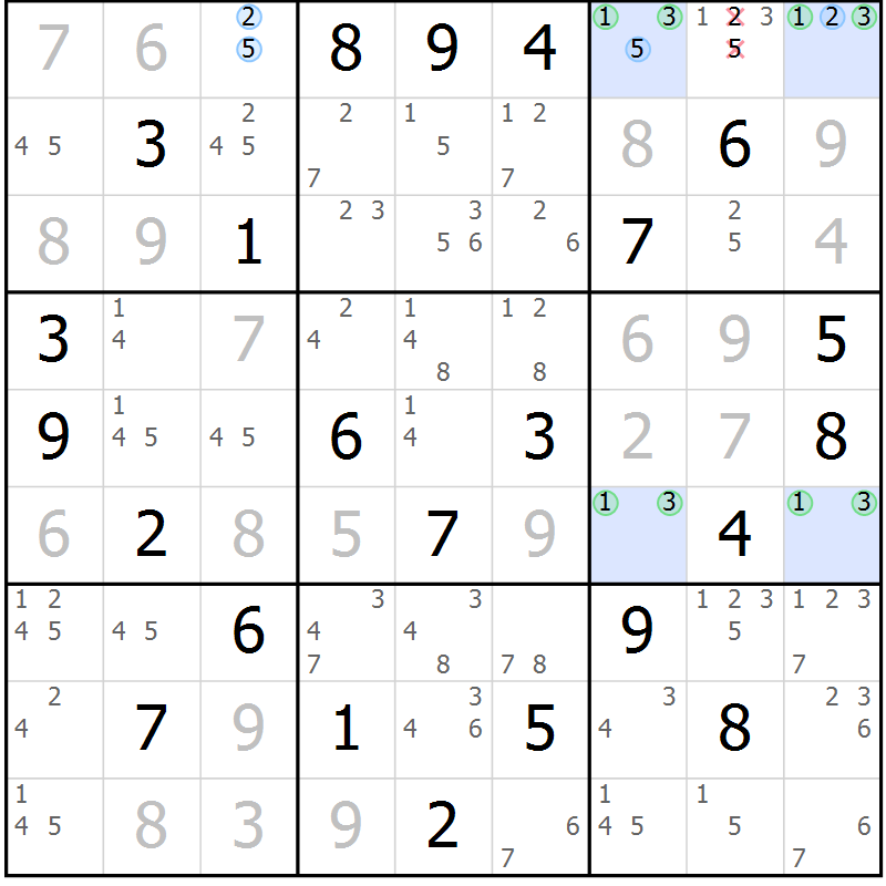 Position des candidats pour la solution de la Gr 75 page 78 du magazine de sudoku Virtuose n° 120
