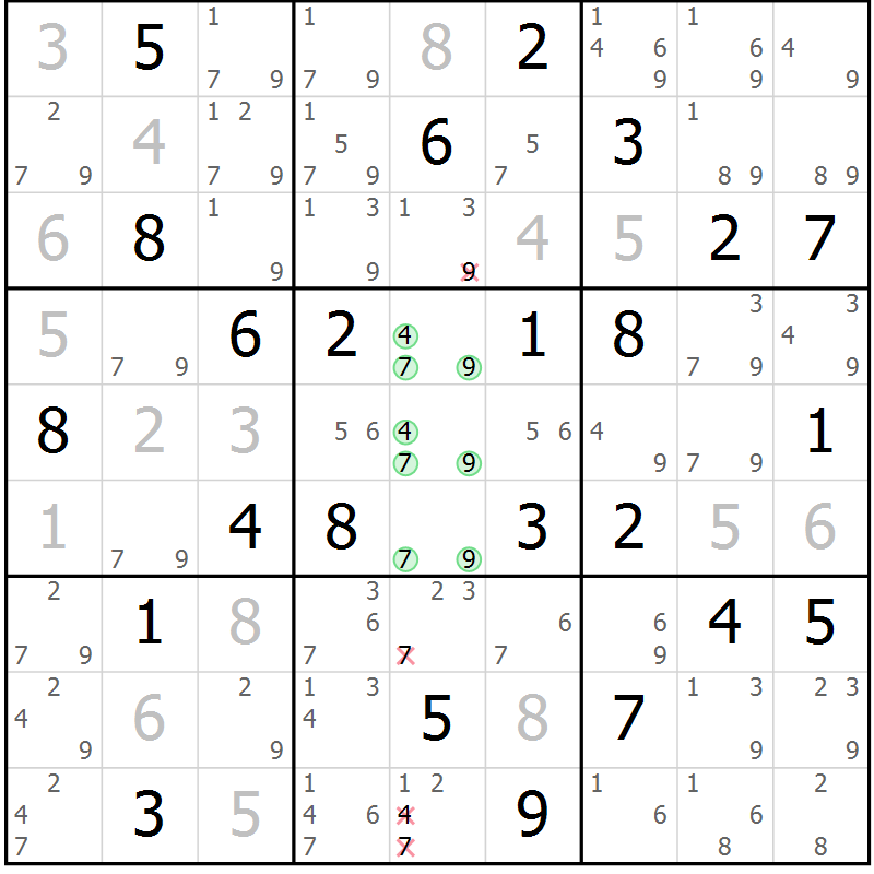 Position des candidats pour la solution de la Gr 76 page 79 du magazine de sudoku Virtuose n° 120