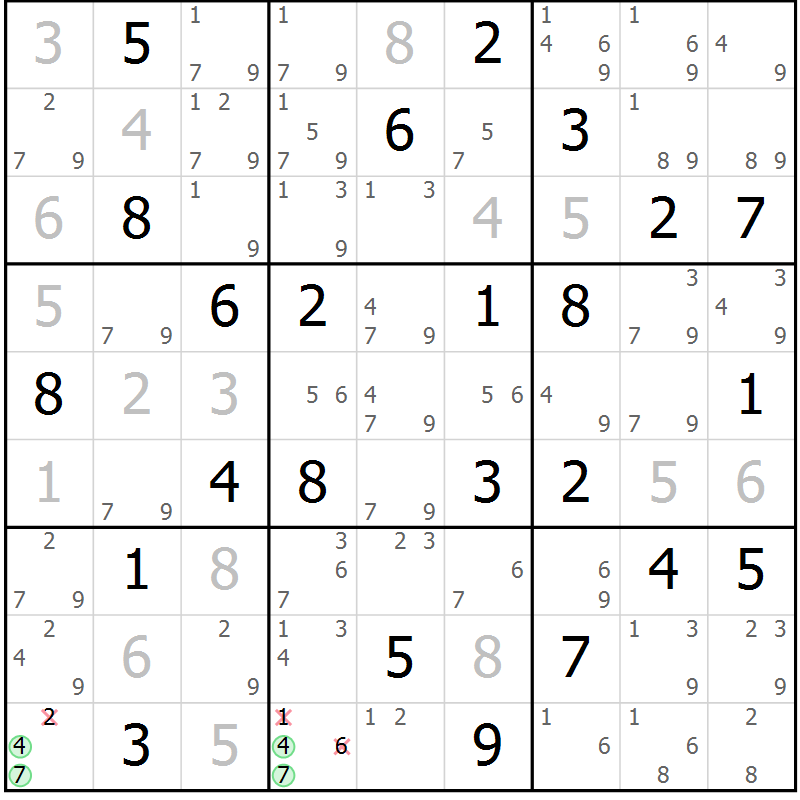 Position des candidats pour la solution de la Gr 76 page 79 du magazine de sudoku Virtuose n° 120