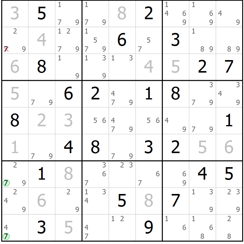 Position des candidats pour la solution de la Gr 76 page 79 du magazine de sudoku Virtuose n° 120
