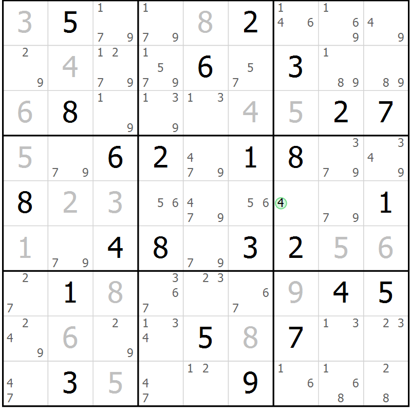Position des candidats pour la solution de la Gr 76 page 79 du magazine de sudoku Virtuose n° 120