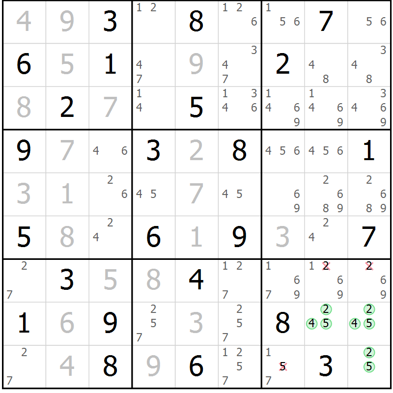 Position des candidats pour la solution de la Gr 77 page 80 du magazine de sudoku Virtuose n° 120