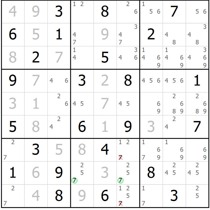 Position des candidats pour la solution de la Gr 77 page 80 du magazine de sudoku Virtuose n° 120