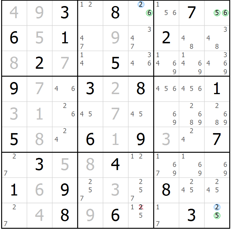 Position des candidats pour la solution de la Gr 77 page 80 du magazine de sudoku Virtuose n° 120