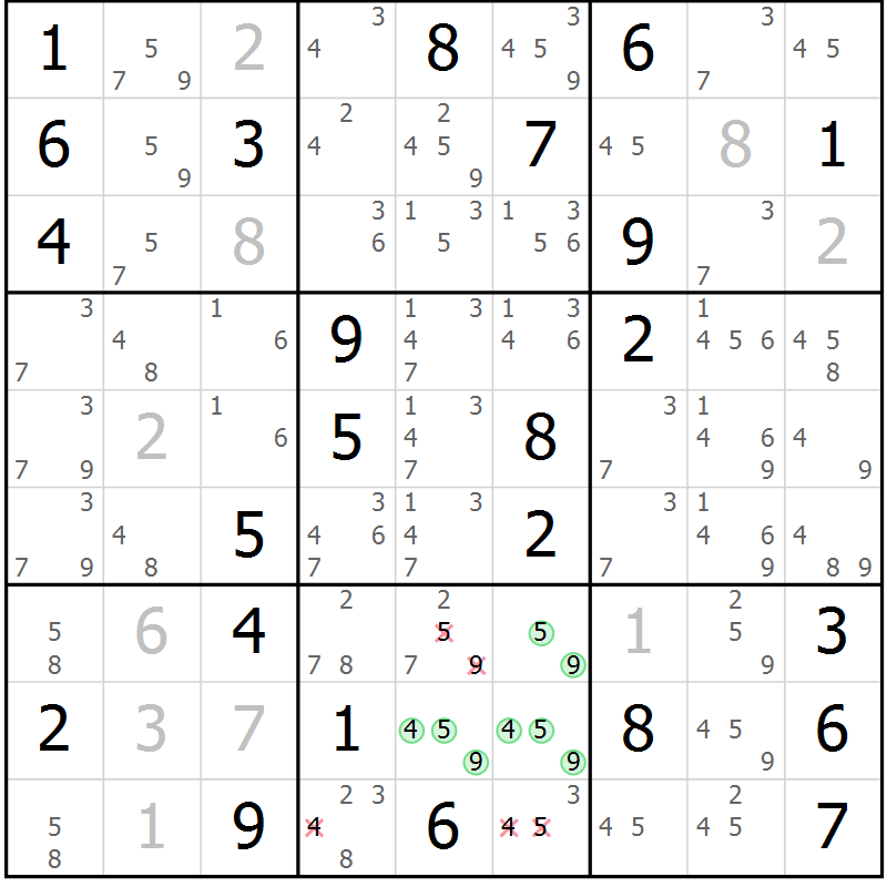 Position des candidats pour la solution de la Gr 79 page 82 du magazine de sudoku Virtuose n° 120