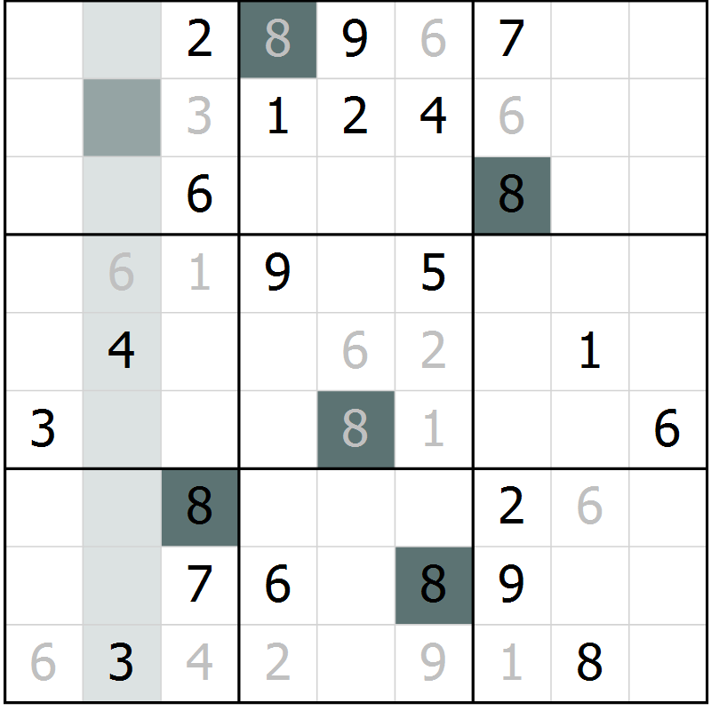 Position des candidats pour la solution de la Gr 8 page 11 du magazine de sudoku Virtuose n° 120