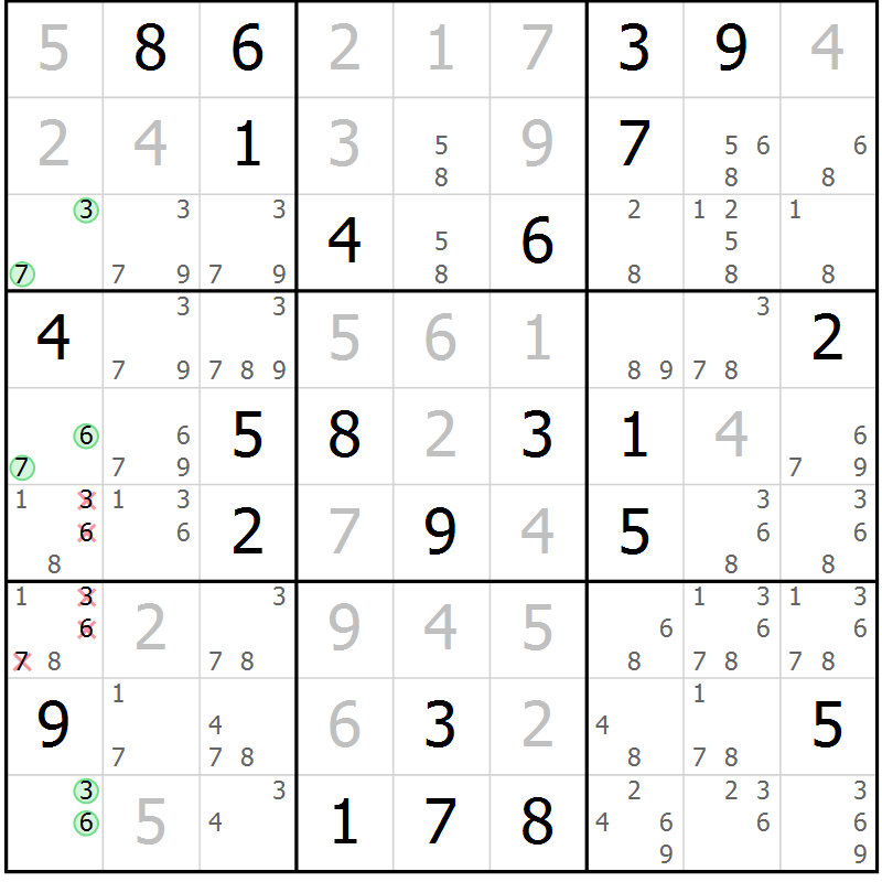 Position des candidats pour la solution de la Gr 81 page 84 du magazine de sudoku Virtuose n° 120