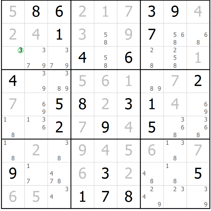 Position des candidats pour la solution de la Gr 81 page 84 du magazine de sudoku Virtuose n° 120