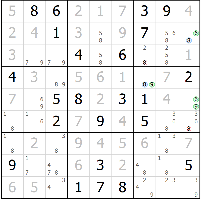 Position des candidats pour la solution de la Gr 81 page 84 du magazine de sudoku Virtuose n° 120
