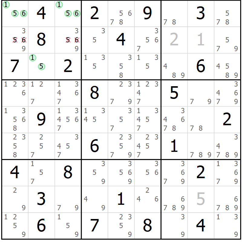 Position des candidats pour la solution de la Gr 82 page 85 du magazine de sudoku Virtuose n° 120