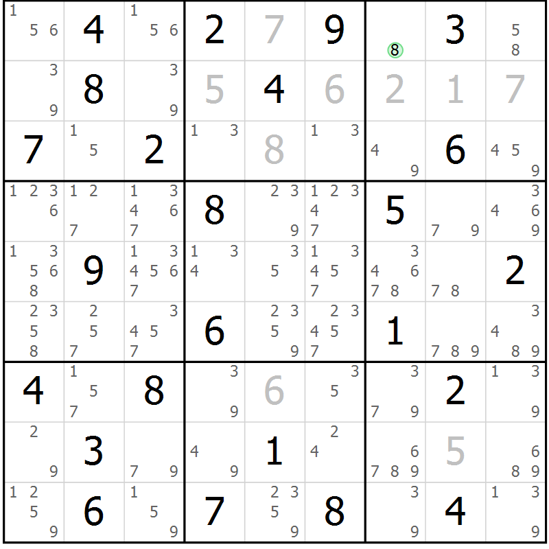 Position des candidats pour la solution de la Gr 82 page 85 du magazine de sudoku Virtuose n° 120