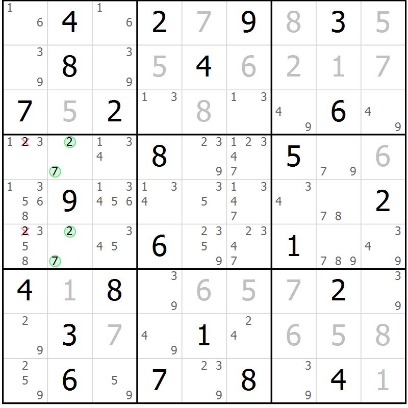 Position des candidats pour la solution de la Gr 82 page 85 du magazine de sudoku Virtuose n° 120