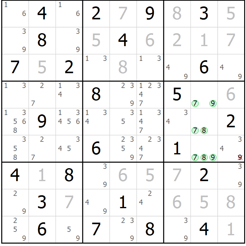 Position des candidats pour la solution de la Gr 82 page 85 du magazine de sudoku Virtuose n° 120