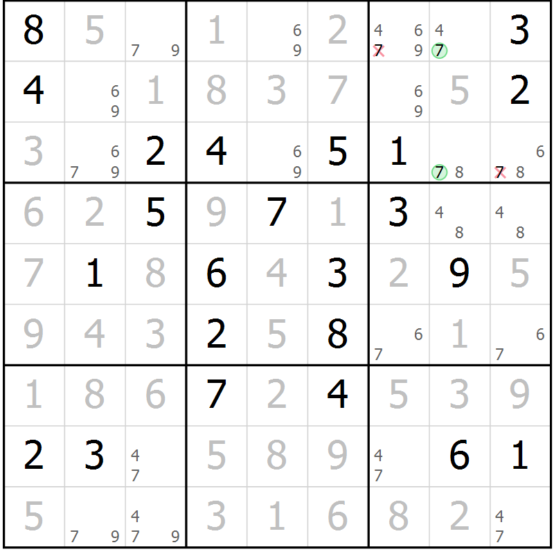 Position des candidats pour la solution de la Gr 84 page 87 du magazine de sudoku Virtuose n° 120