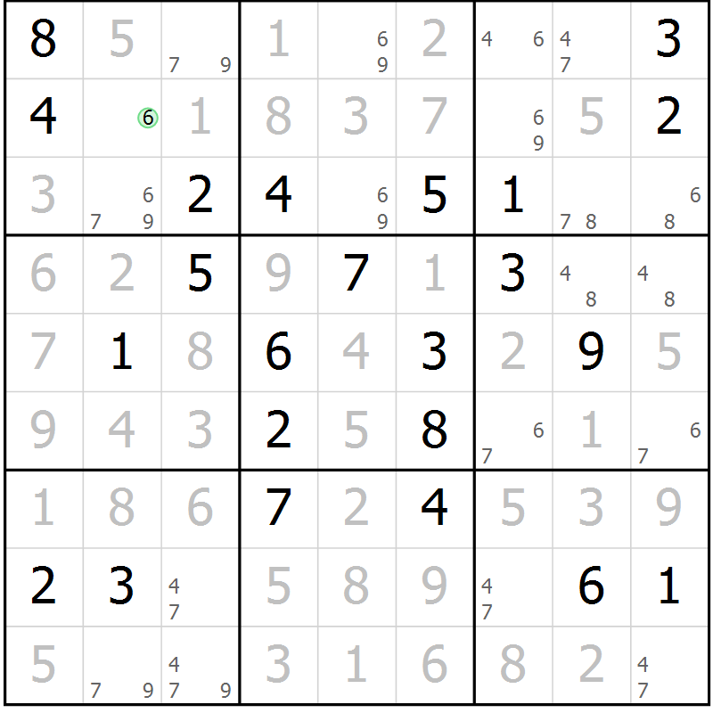 Position des candidats pour la solution de la Gr 84 page 87 du magazine de sudoku Virtuose n° 120