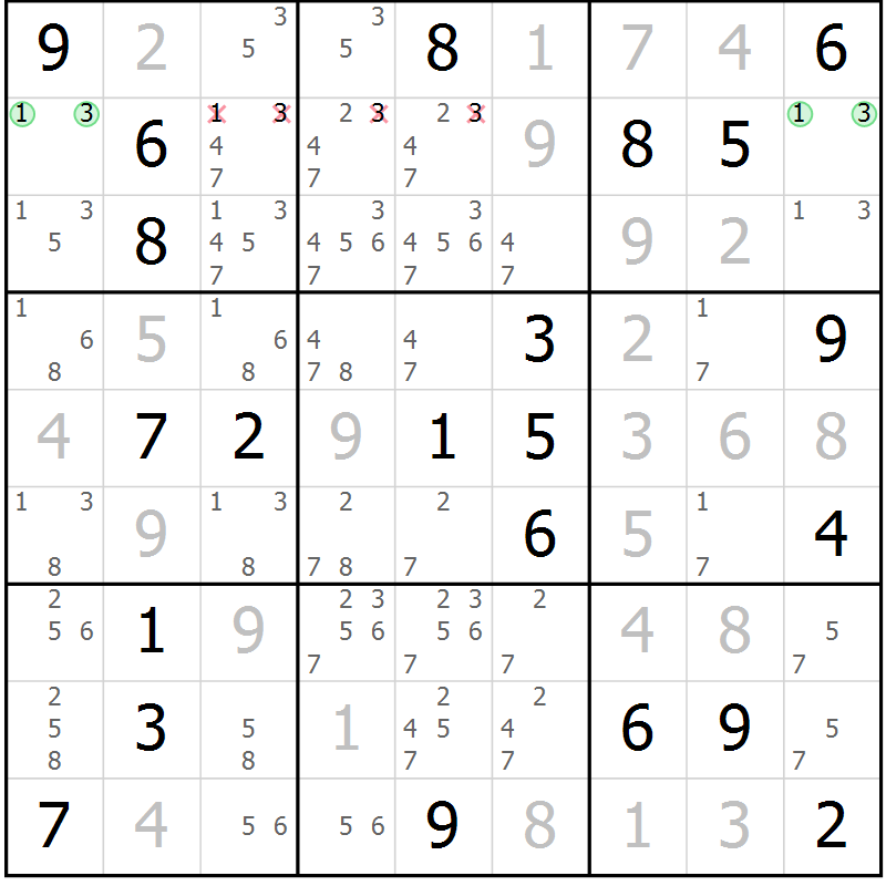 Position des candidats pour la solution de la Gr 9 page 12 du magazine de sudoku Virtuose n° 120