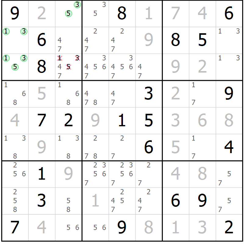 Position des candidats pour la solution de la Gr 9 page 12 du magazine de sudoku Virtuose n° 120