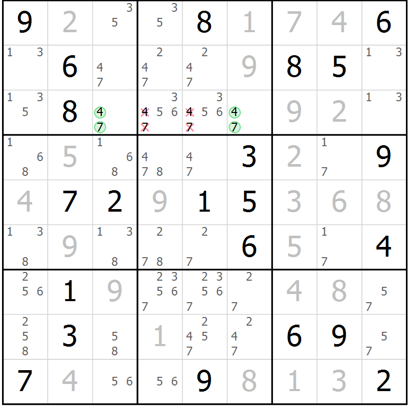 Position des candidats pour la solution de la Gr 9 page 12 du magazine de sudoku Virtuose n° 120