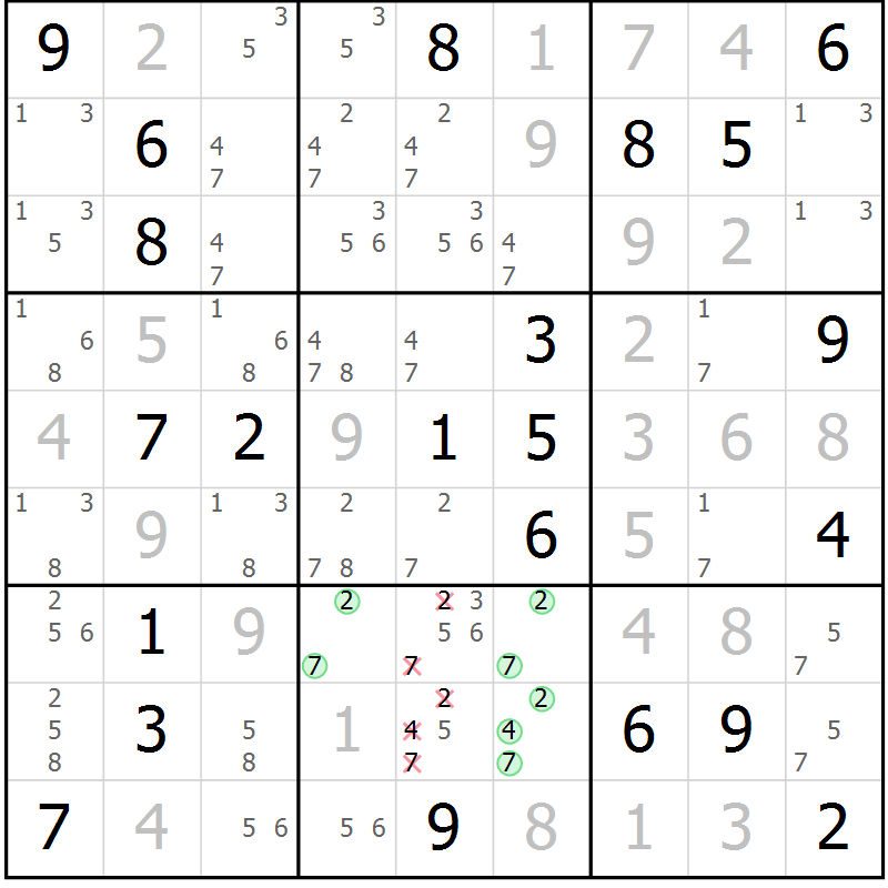 Position des candidats pour la solution de la Gr 9 page 12 du magazine de sudoku Virtuose n° 120