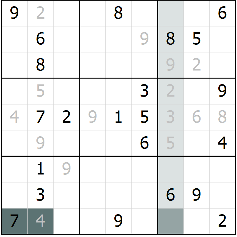 Position des candidats pour la solution de la Gr 9 page 12 du magazine de sudoku Virtuose n° 120