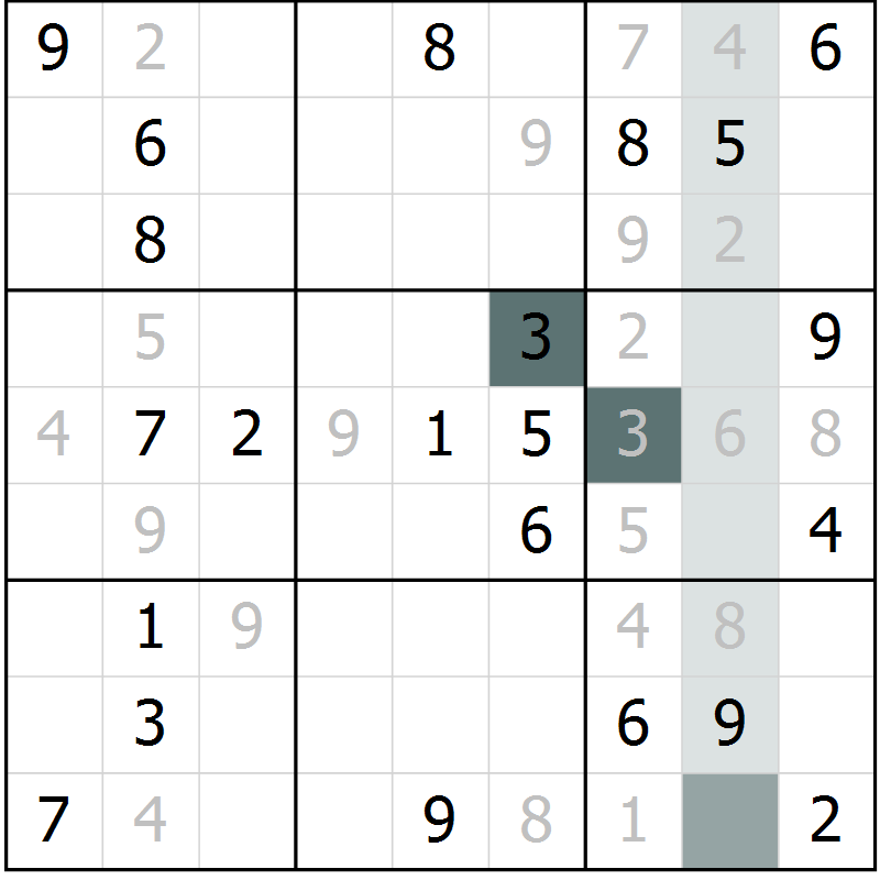 Position des candidats pour la solution de la Gr 9 page 12 du magazine de sudoku Virtuose n° 120