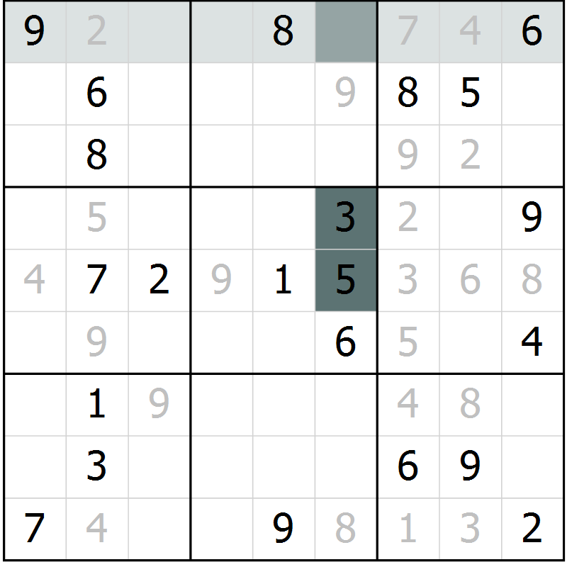 Position des candidats pour la solution de la Gr 9 page 12 du magazine de sudoku Virtuose n° 120