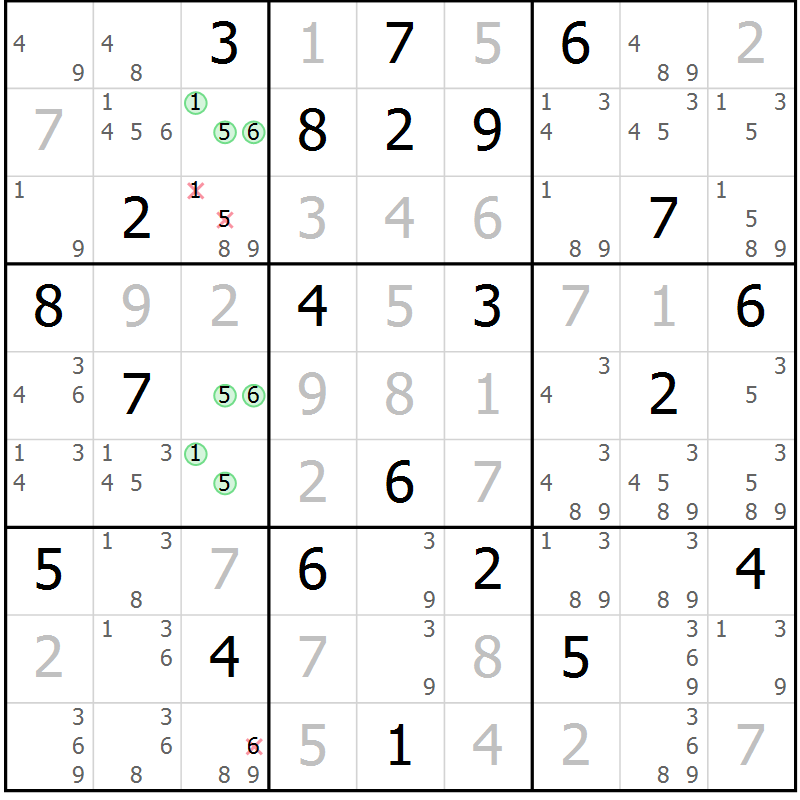Position des candidats pour la solution de la Gr 1 page 4 du magazine de sudoku Virtuose n° 121