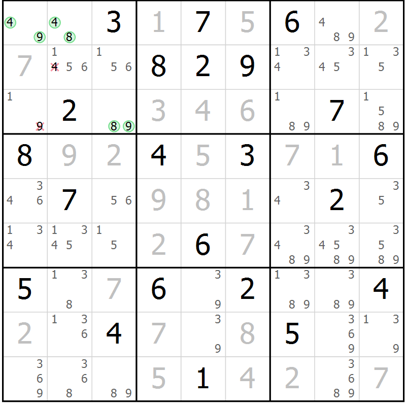 Position des candidats pour la solution de la Gr 1 page 4 du magazine de sudoku Virtuose n° 121