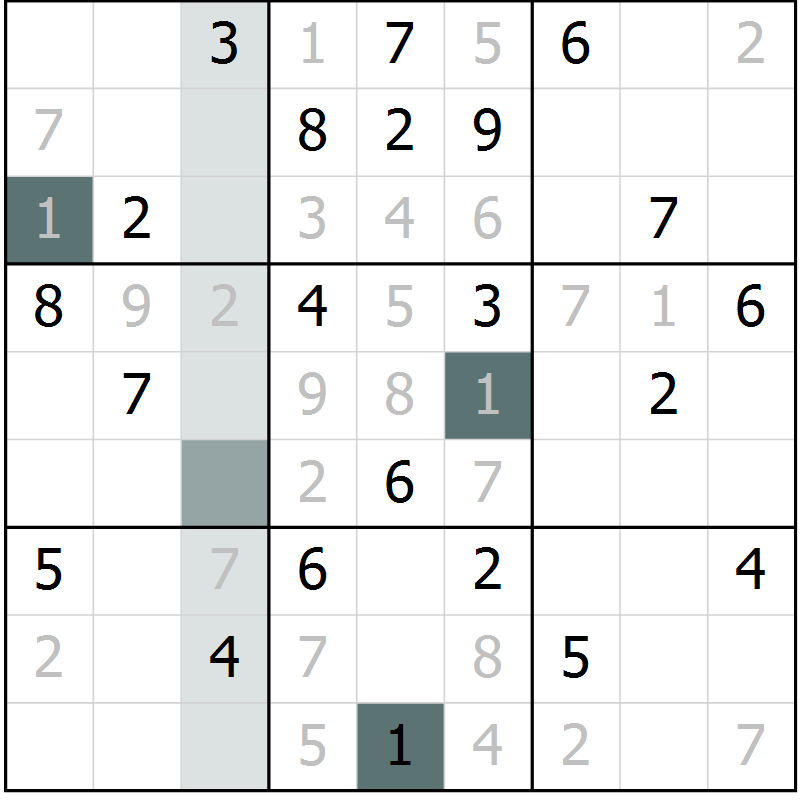 Position des candidats pour la solution de la Gr 1 page 4 du magazine de sudoku Virtuose n° 121
